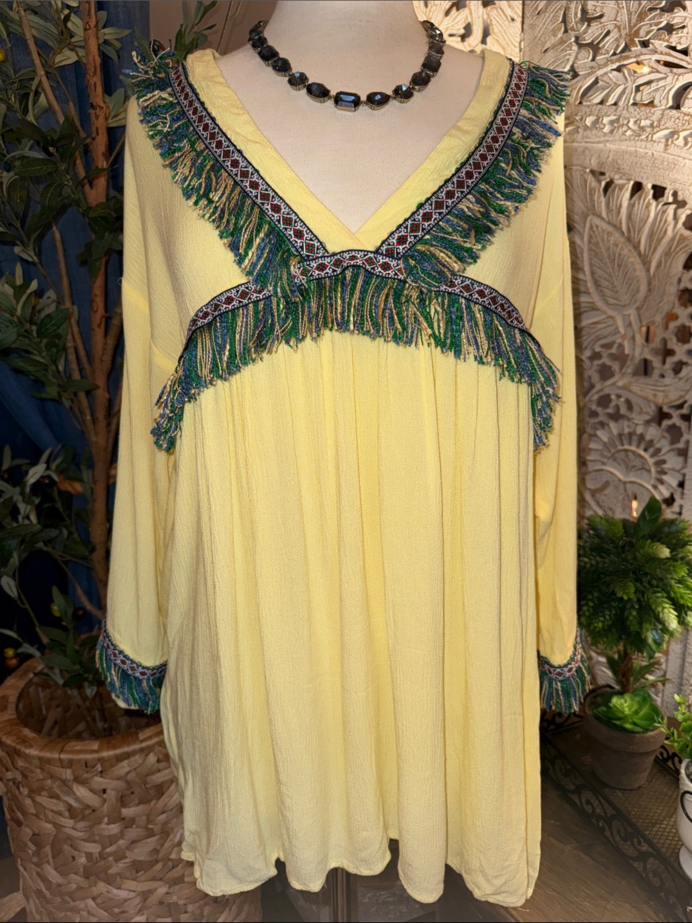 Yellow Fringe-Trim Boho Tunic or mini hi/lo dress - Picture 6 of 9